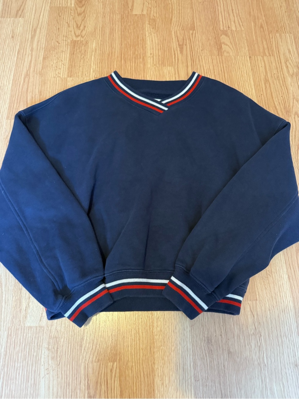 Abercrombie & Fitch Navy V-Neck Sweatshirt with Red & White Trim